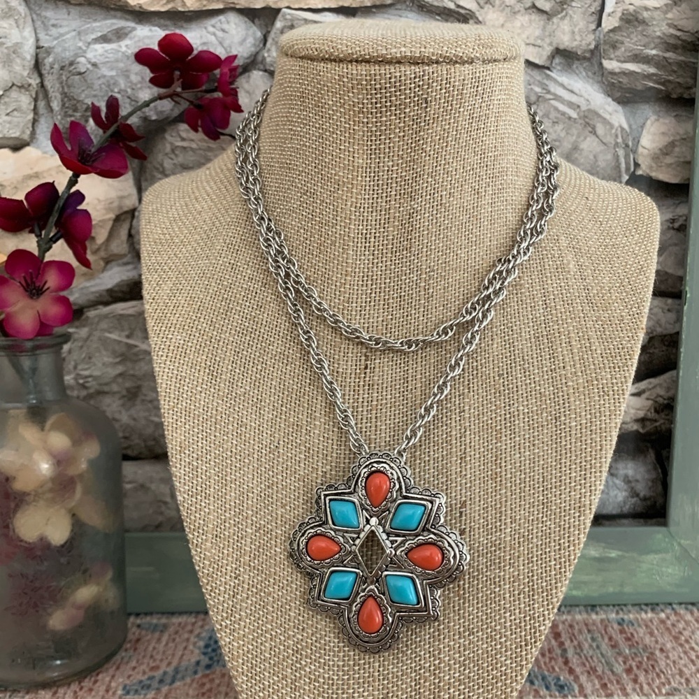 Vintage Avon Southwestern Turquoise Coral Cabochon Brooch Pin Pendant Necklace